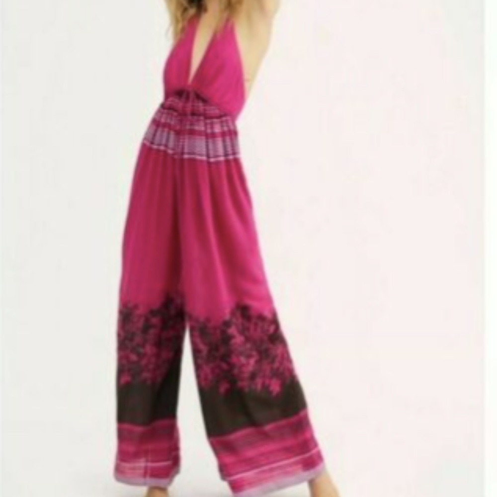Free People Palm Beach One Piece Pink Fuchsia Halter Jumpsuit Size Large